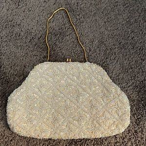 Hand beaded 1950s Hong Kong made beaded white bag
